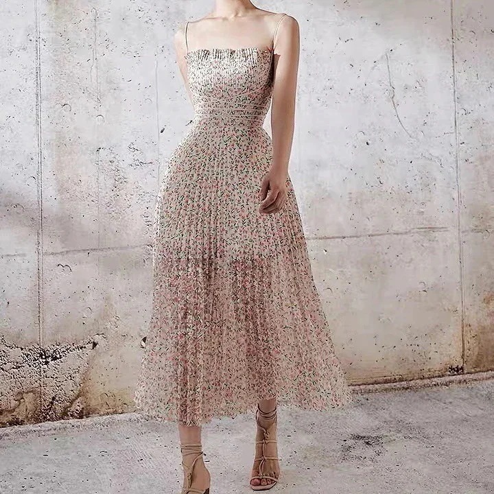 パーティードレスドレスノースリーブリネンワンピース韓国ファッション 花柄ワンピース 着痩せ 高級感 キャミソール ストラップレスブラ ノースリーブワンピース 気質 百掛けキャミワンピース