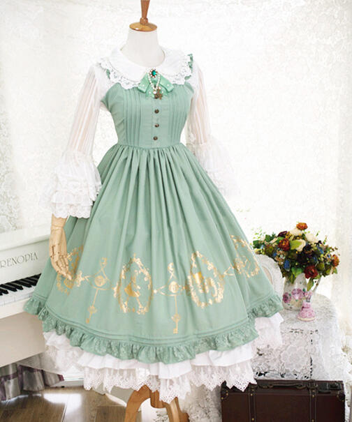 ロリータ ワンピース ジャンパースカート ロング 秋冬 ドレス 優雅 ゴールドプリント ノースリーブ レース フリル ロリィタ