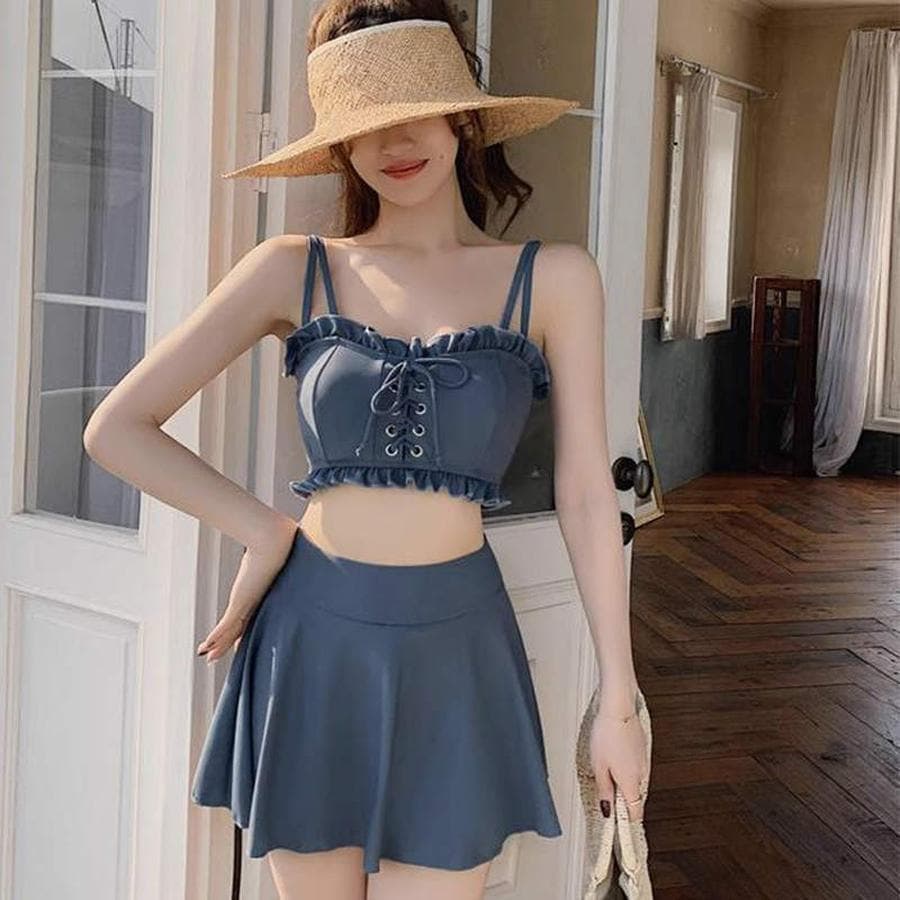 Aライン 胸リボン腰リボン 編み上げ レディース水着ツーピースフレアフリル スカートパンツタイプ温泉海プールスイミングビーチリゾートマリン海水浴夏休み旅行可愛いセクシー女性ブラック黒色SMLXLサイズ