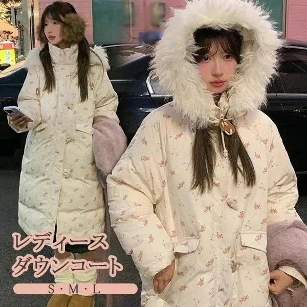 ダウンコート レディース リボン ロング丈 冬服 クマ柄 ダウンジャケット アウター 冬 かわいい 学生 通勤 女の子 カジュアル コート 長袖 厚手 防寒 寒さ対策 冷え対策 ポケット付き 総柄 ふ