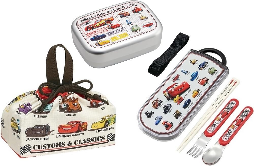 スケーター(Skater) カーズ 25 アルミ弁当箱 アルミ製 お弁当箱 370ml トリオセット (箸/スプーン/フォーク) ランチ巾着 マックイーン 車 キッズ こども キャラクター アルミ ラ