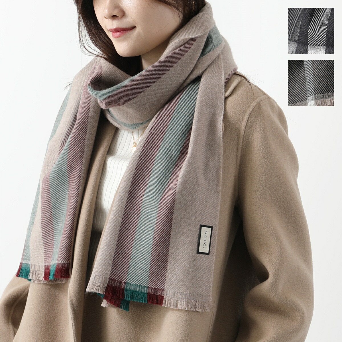 GUCCI グッチ マフラー 387574 4G200 レディース ウール ストール フリンジ ストライプ カラー3色