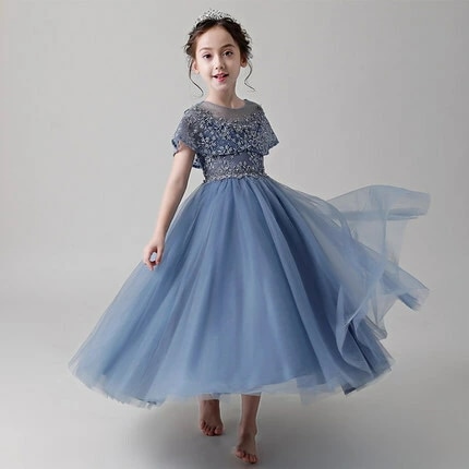 爆売れ中子供 ドレス ロング プリンセス キッズドレス ピアノ 発表会 女の子 結婚式 フォーマル 子供服 ワンピース フレア 半袖 チュール マント 刺繍 ビジュー パール Aライン 90 100
