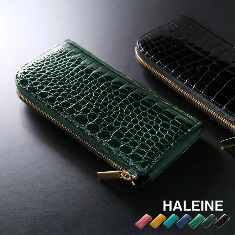 クロコダイル 長財布 メンズ 日本製 L字ファスナー HALEINE 鰐革 本革 財布 シャイニング 加工 ゴールド 金具 アウトポケット 付き JRA ブランド アレンヌ プレゼント ギフト (06