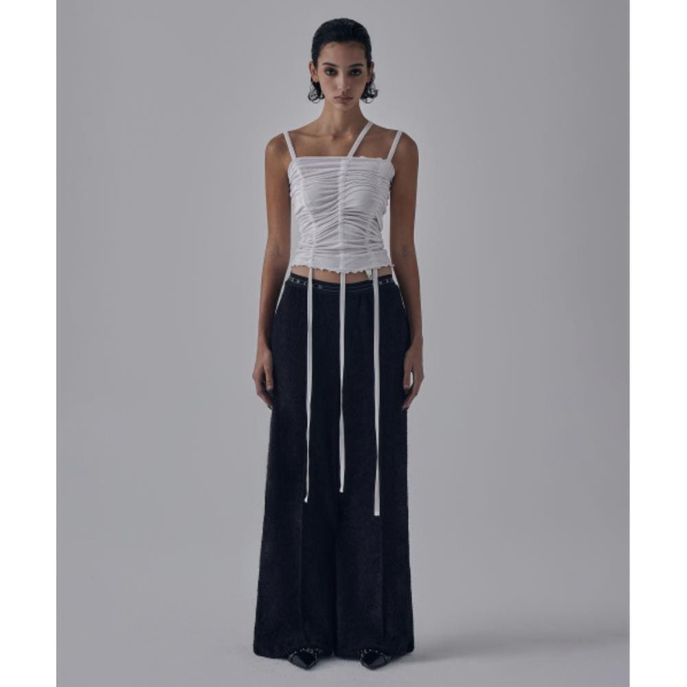 TREEMINGBIRD Velvet String Shirring Layered Top White