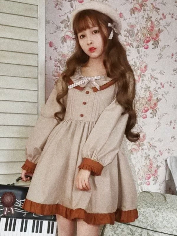 【短納期】クラシックロリータOPワンピースドレス　2021　カーキ　スクープネック　ツートン　リボンロリータドレス　ロングスリーブ　アイドル
