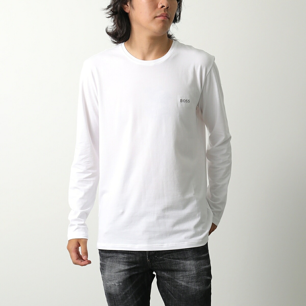 【訳あり-Mのみ】HUGO BOSS ヒューゴボス Tシャツ 50515389 メンズ 長袖 カットソー ストレッチ コットンブレンド クルーネック ロンT ロゴ 刺繍 112