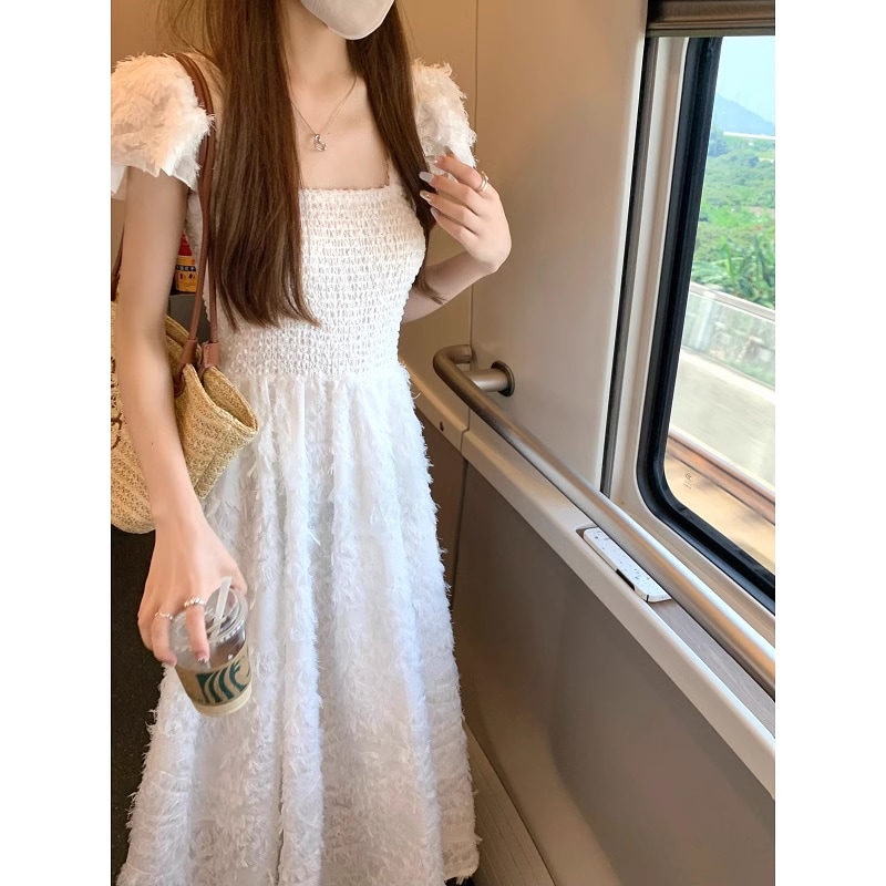 夏 スイート ニッチ デザイン ウエスト ゴム スレンダー ロング ドレス 個性的 ロング ロング丈 マキシ マキシ丈 袖あり 半袖 スクエアネック 襟なし かわいい 大人可愛い 大人 上品 おしゃれ