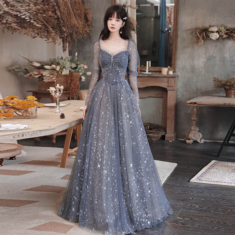 ロング ドレス パーティードレス かわいい 個性的 袖あり チュール 星柄 ラメ 結婚式 二次会 お呼ばれ フォーマル 演奏会 ピアノ 発表会 ドレス 大人 かっこいい 可愛い フレア バックコンシャ
