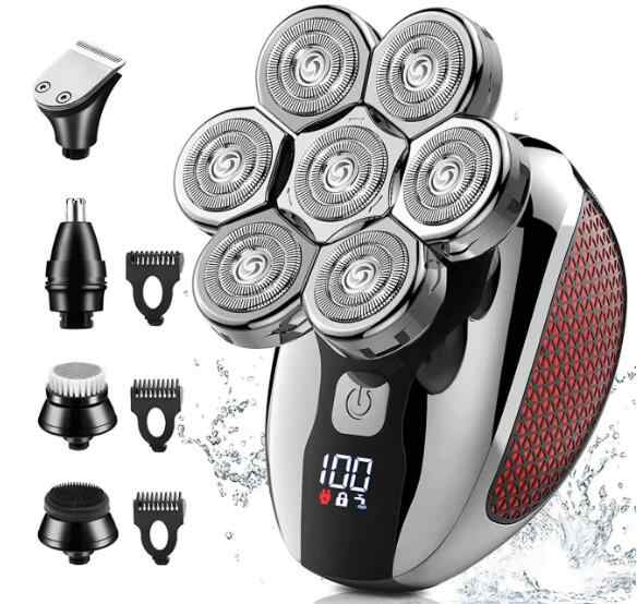 スキンヘッド シェーバー7枚刃 髭剃りシェーバー 電動シェーバー 5in1 IPX7防水 お風呂可 乾湿両用 ヒゲトリマー バリカン 鼻毛カッター 洗顔ブラシ