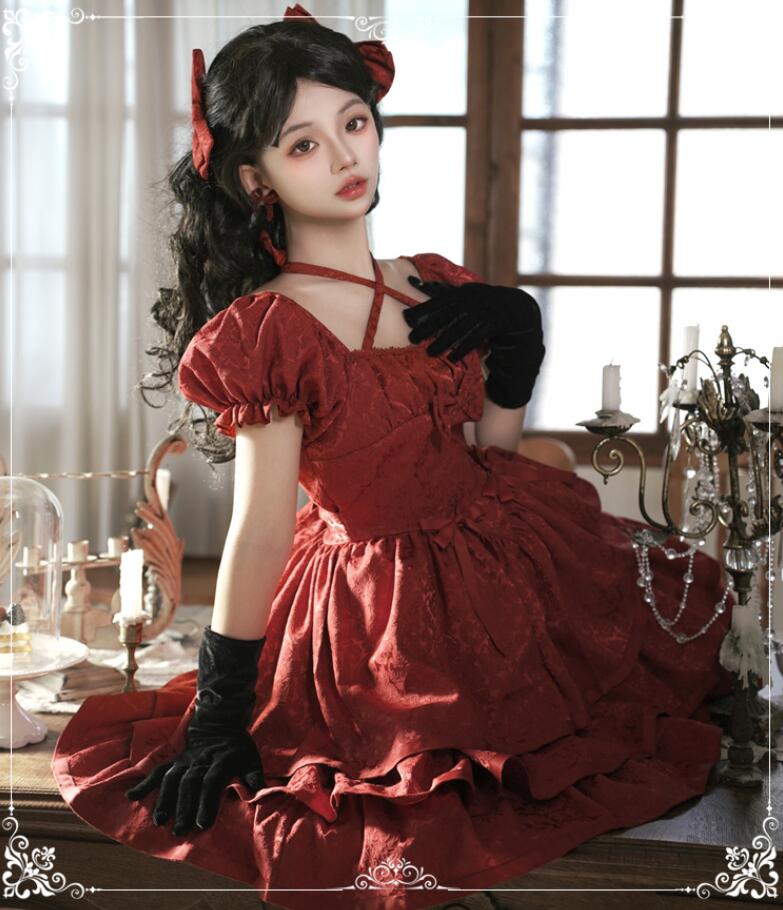 半袖ワンピース ロリータワンピース 可愛いロリータ服 ミニドレス プリンセスドレス 花柄 リボン パーティードレス Lolita 可愛いワンピース 大人コスチューム ゴスロリ ハロウィン コスプレ衣装
