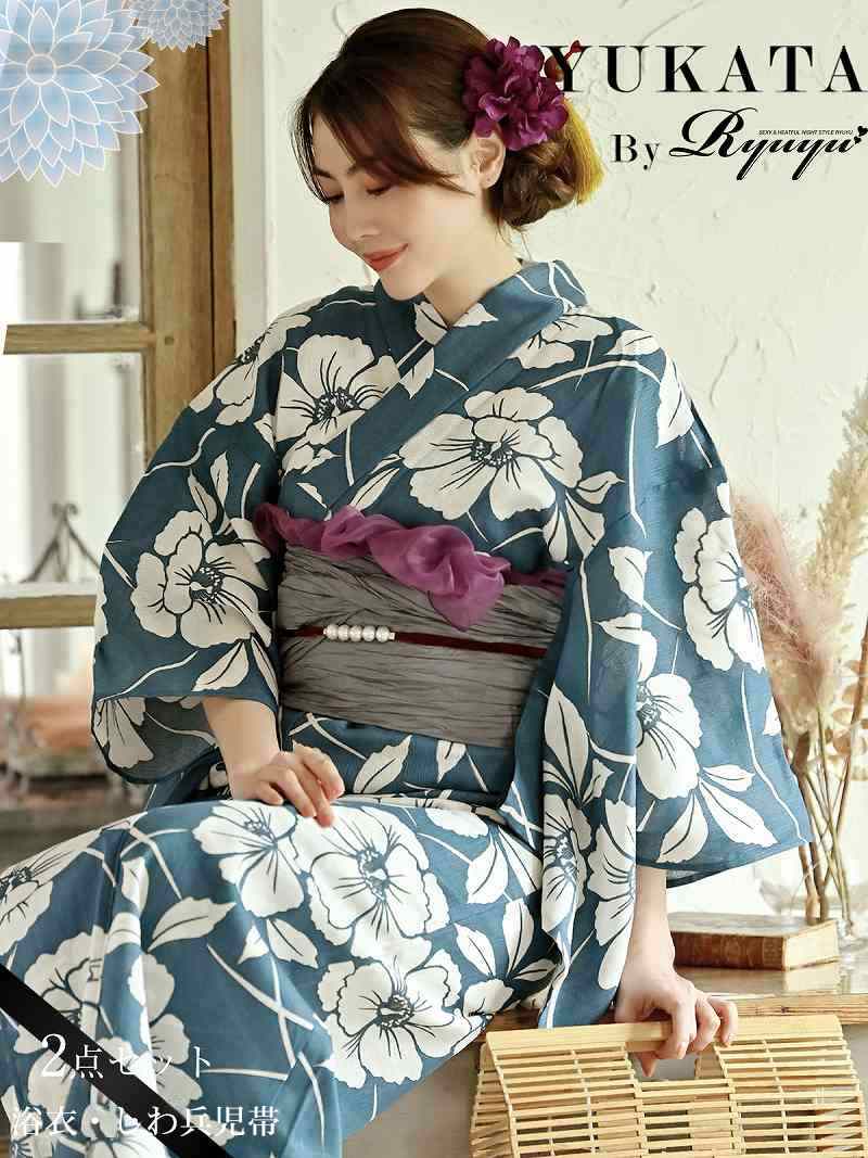 青 花柄 セット浴衣 すぐ届く グリーン おしゃれ 椿柄 映える フリーサイズ 花火大会 Ryuyu