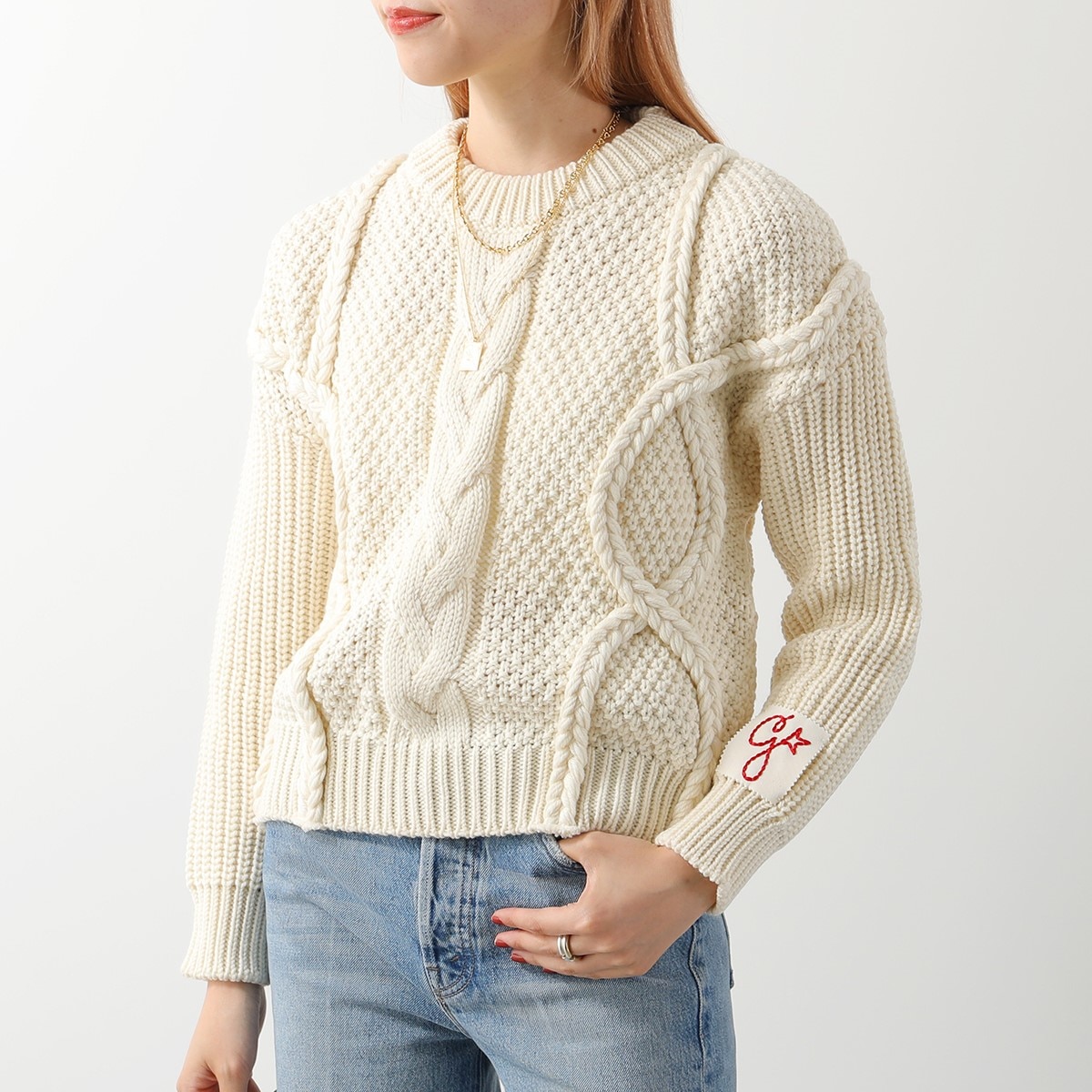 GOLDEN GOOSE ゴールデングース セーター GWP00838 P000664 レディース 長袖 クルーネック ウール ケーブル ニット ラベルG 10715/NATURAL-WHITE