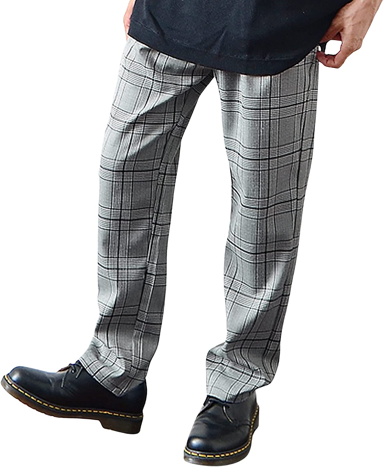 セミワイドテーパードパンツ チェックパンツ メンズ 無地 ウエストゴム カジュアル スラックス ワイ