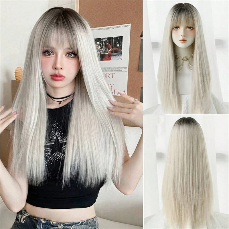 24インチ 美しいオンブレグレー ロング ストレートウィッグ ウーマン用フラッフィー 合成繊維 前髪付き ダークルーツ自然な見た目 とても柔らかい 耐熱性合成繊維ヘアウィッグアクセサリーフルマシン 美