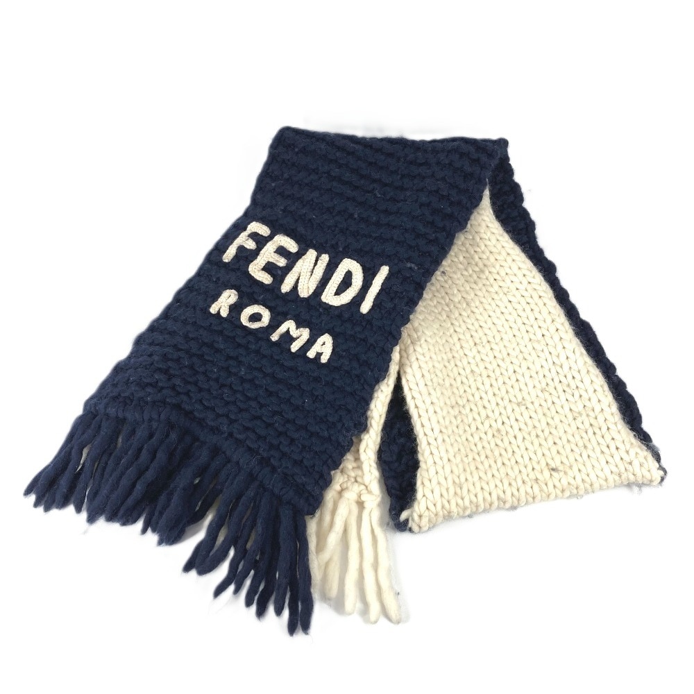 マフラー FXS124 ロゴ フリンジ バイカラー ウール ネイビー