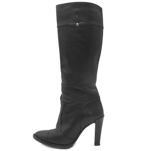 ルイヴィトン LOUIS VUITTON ブーツ モノグラムフラワー ロングブーツ レザー ノワール #37 1/2 シルバー金具 ヒールブーツ シューズ 靴 黒 NQ0048【中古】