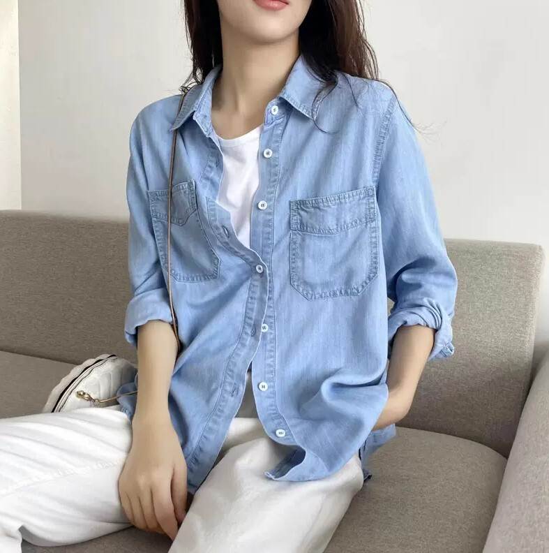 トップス シャツ 羽織 デニムシャツ ざっくり 袖あり 長袖 襟付き ストレート 前開き デニム 薄手 かわいい 可愛い きれいめ シンプル カジュアル 大人 上品 おしゃれ お洒落 かっこいい レト