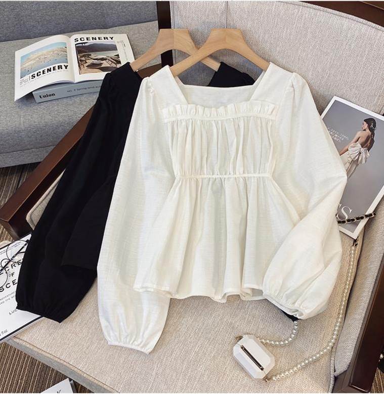 スクエアネック シャーリング ボリューム袖 トップス ブラウス プルオーバー 袖あり 長袖 パフスリーブ 襟なし フレア セミフレア プリーツ フリル かわいい 大人可愛い きれいめ シンプル カジュ