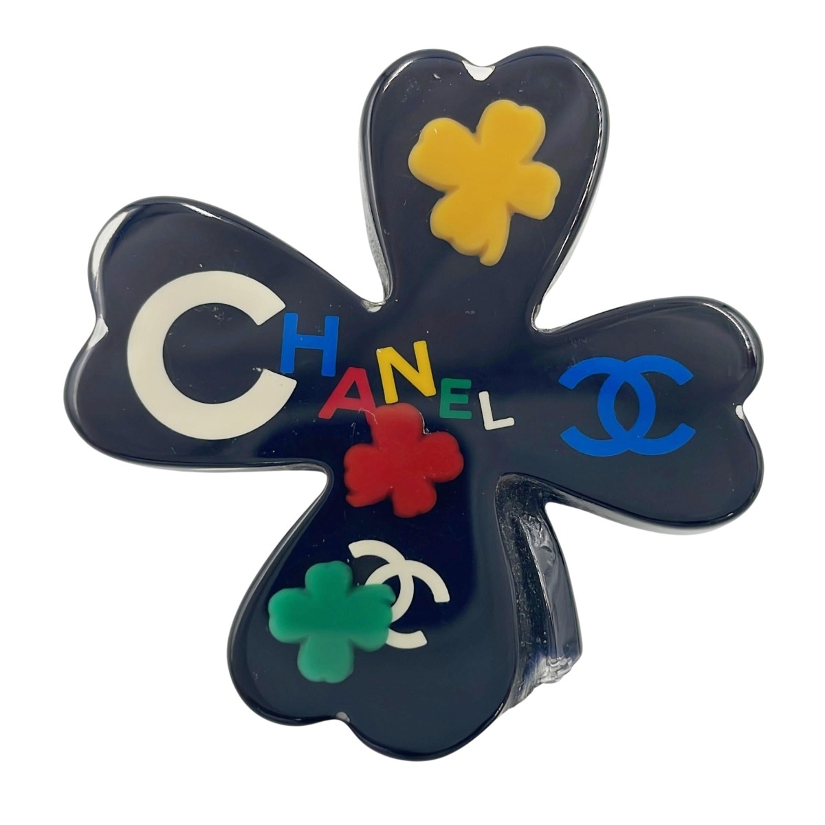 マメ有 04P クローバー ブローチ ブラック×マルチカラー