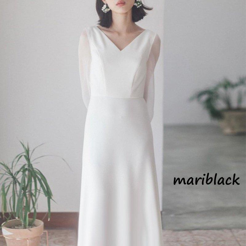 ウェディングドレス 二次会 花嫁 結婚式 Aライン 長袖 シンプル ウエディングドレス 白 ブライダル 披露宴 発表会 前撮り お呼ばれ フォーマルドレス