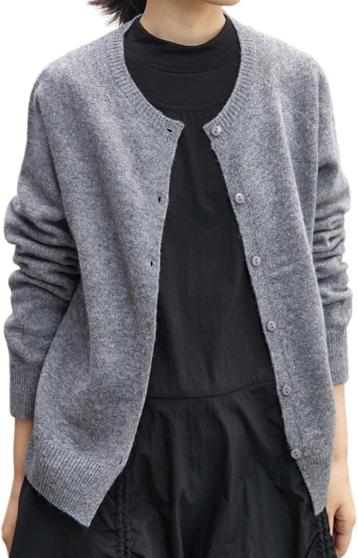 レディース カーディガン メリノウール100％ シンプル 柔らか 保湿性 吸湿性 暖かい 無地 普段使い JP アルファベット(グレー, M)