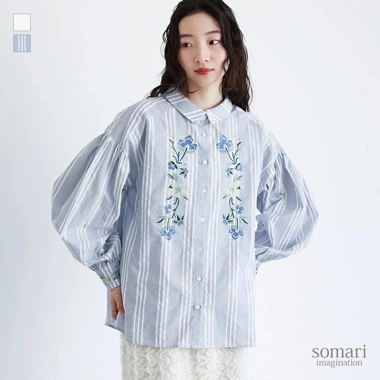 ブラウス シャツ レディース トップス ボタンシャツ 前開きシャツ 襟付きシャツ 柄シャツ 襟付き 長袖 パフスリーブ ぽわん袖 バルーン袖 ボリューム袖 花柄 フラワー フレア 無地 綿混 コットン