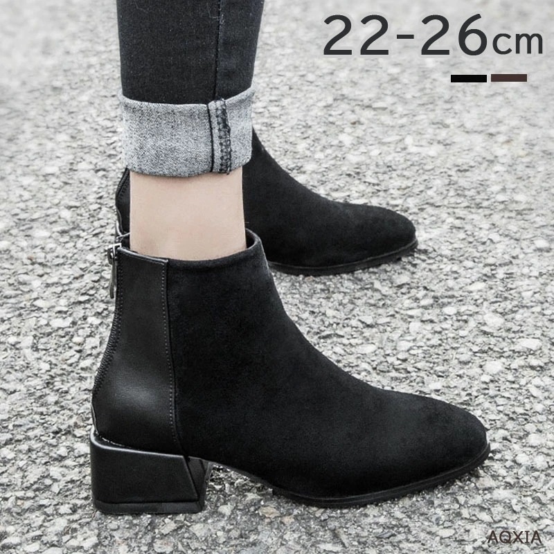 ブーツ レディース ショートブーツ ラウンドトゥ 痛くない 歩きやすい バックジッパー スエード ブーツ 大きいサイズ 小さいサイズ 疲れない 滑りにくい 防寒 履きやすい 太ヒール 3e ブラック