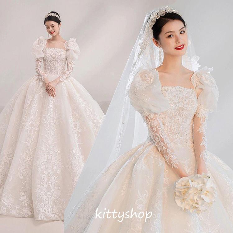 ウェディングドレス 袖あり 結婚式ドレス トレーンドレス ホワイトドレス 海外挙式 花嫁ドレス 長袖 パフスリーブ エレガント キレイめ ロングドレス Aライン 10,837円