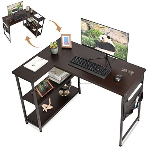 YETOM デスク 机 PCデスク ゲーミングデスク L字デスク 右棚左棚 幅107CM DESK コーナーデスク つくえ 棚板高さ調節可能 作業机 収納袋付き L字型 勉強机 在宅ワークデスク リモ