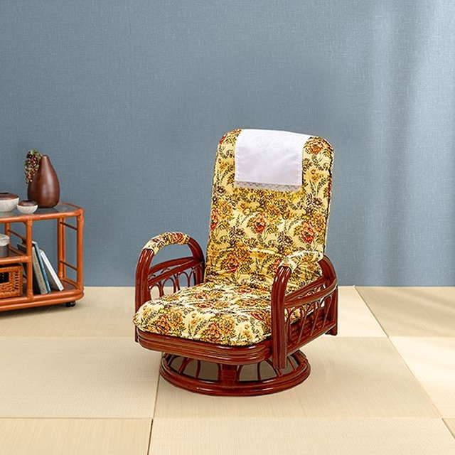 回転座椅子 高座椅子 肘掛け付き ハイバック ミドルタイプ おしゃれ 籐 ラタン製 高齢者 3段階リクライニング 360度回転