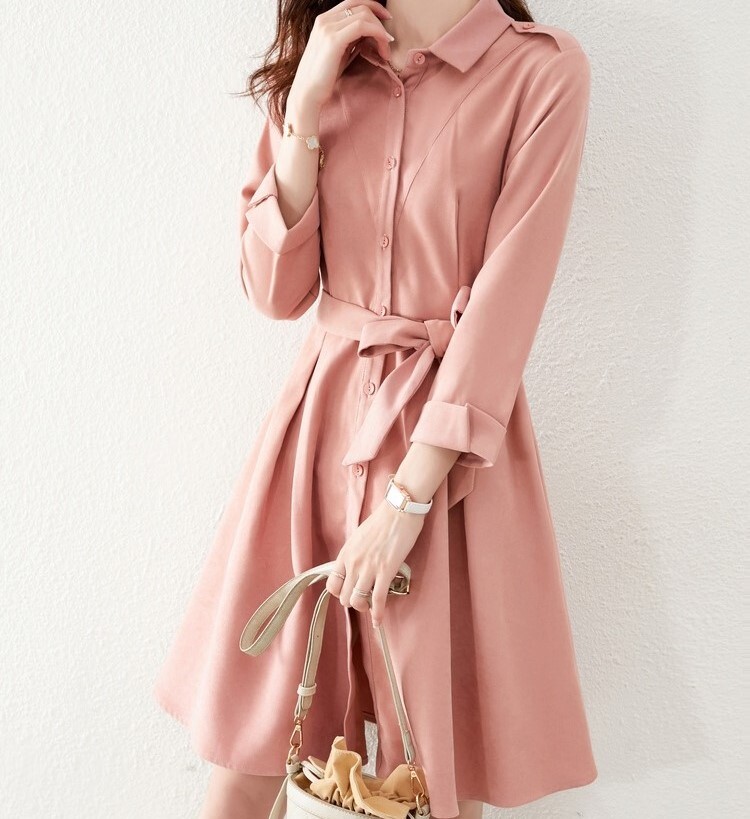 ワンピース シャツワンピース 膝上 袖あり 長袖 襟付き POLO襟 Aライン ウエストリボン ハイウエスト かわいい 大人可愛い シンプル カジュアル おしゃれ 大人女子 ラブリー キュート