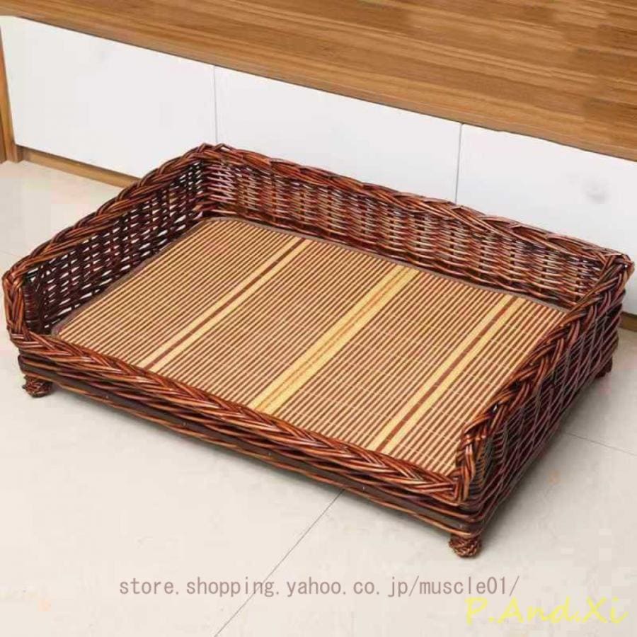 籐製手編みペットベッド 小型犬 猫用ハウス 籐製ペットベッド 冷却マット 犬猫用 洗える 通年使用 春秋冬夏 保温防寒 洗える 耐噛み 犬猫兼用寝床 籐ベッド