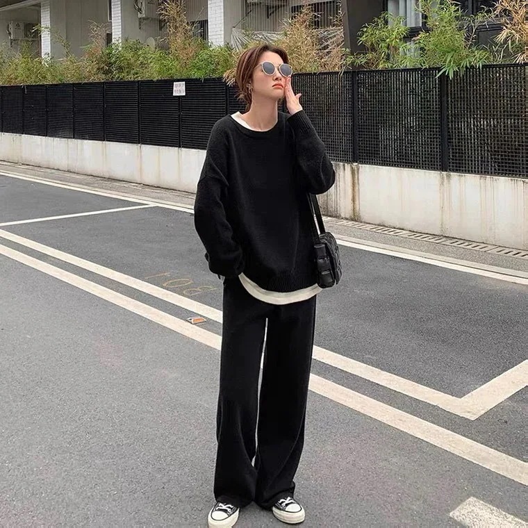 ニット セットアップ セーター ワイド パンツ ルーズ 韓国 ニットセットアップ レディース 40代 ゆったり ニットトップス