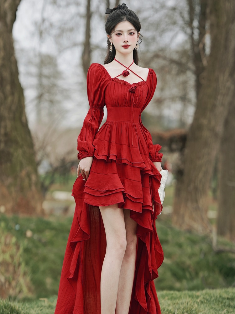 6836 気質レトロレースイレギュラーウエストドレス大きな裾ED59