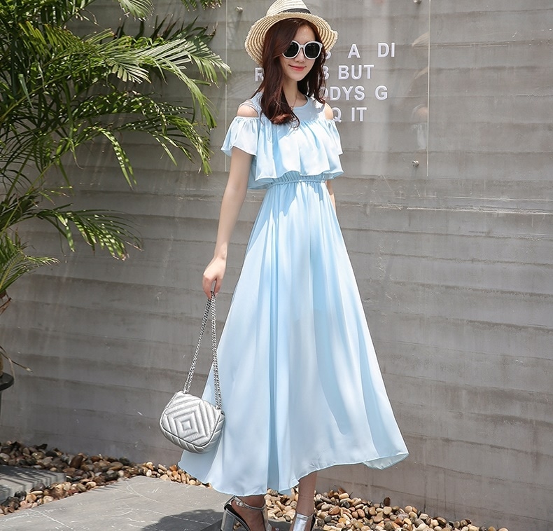 1603. シフォンロングワンピース（ライトブルー） 2019 春夏 sale お呼ばれ 通学 デート パーティー お出かけ レストラン 女子会 カフェ リゾート