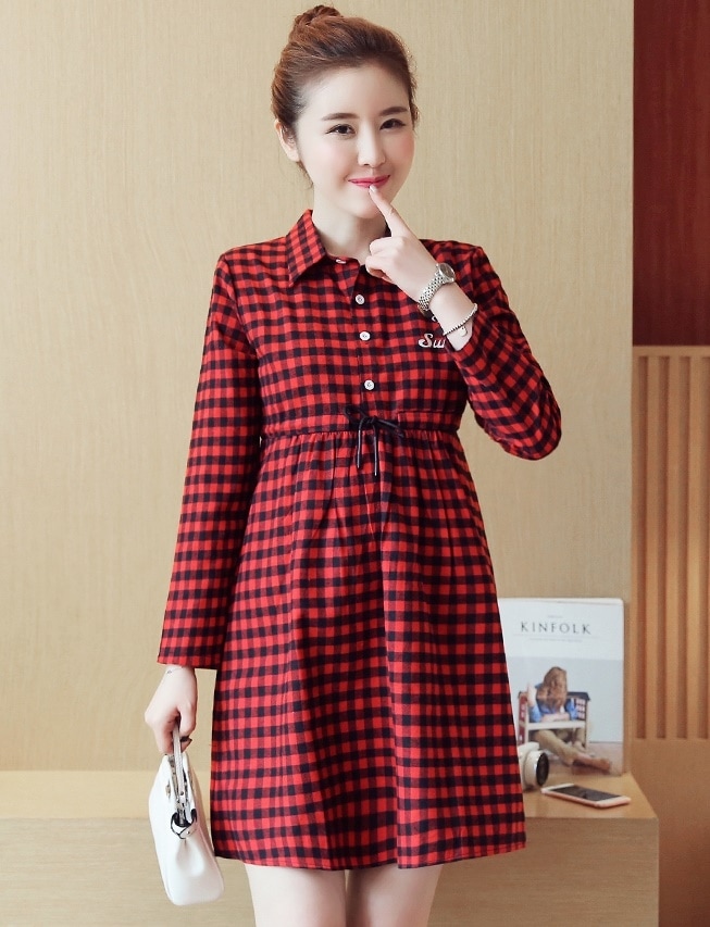 1126．ギンガムチェックシャツミニワンピース（レッド）