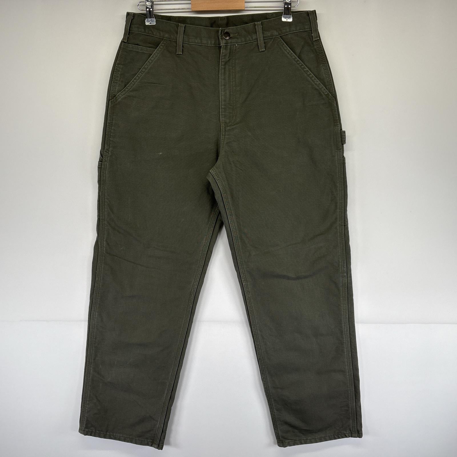 古着 ワークパンツ ダック地 ペインター 作業着 ワンポイントロゴ ライナー付き w34 L30 オリーブグリーン メンズ