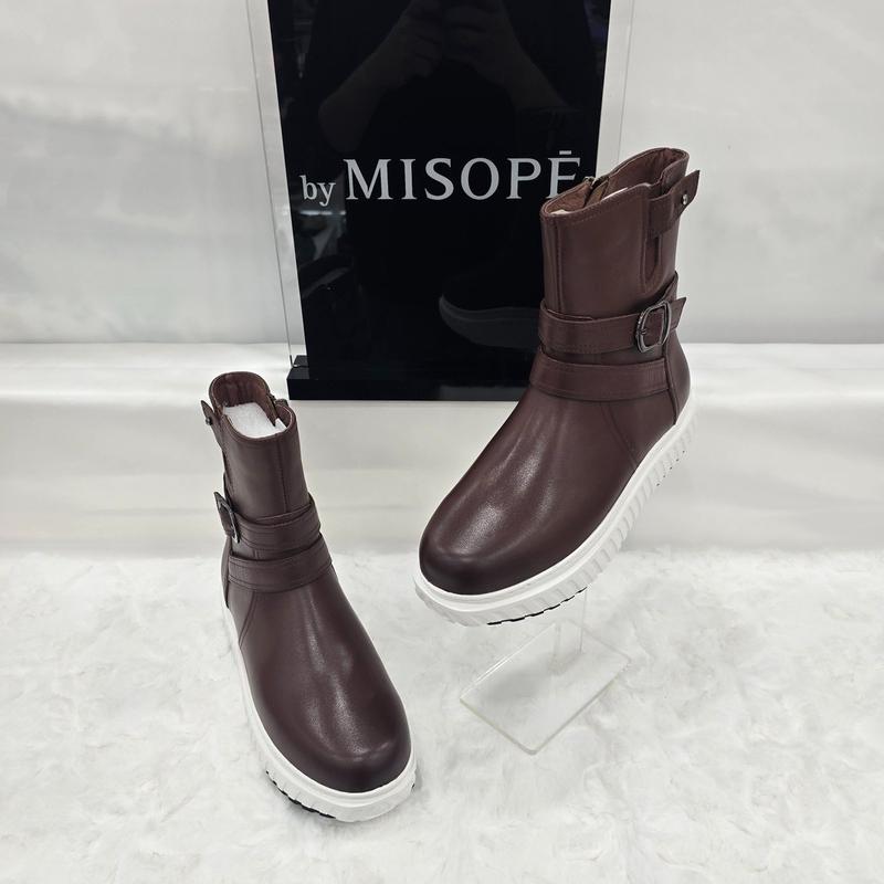 By 女性 ファー裏地 バックル アンクルブーツ 612HT446FS001 BROWN 1 JJ