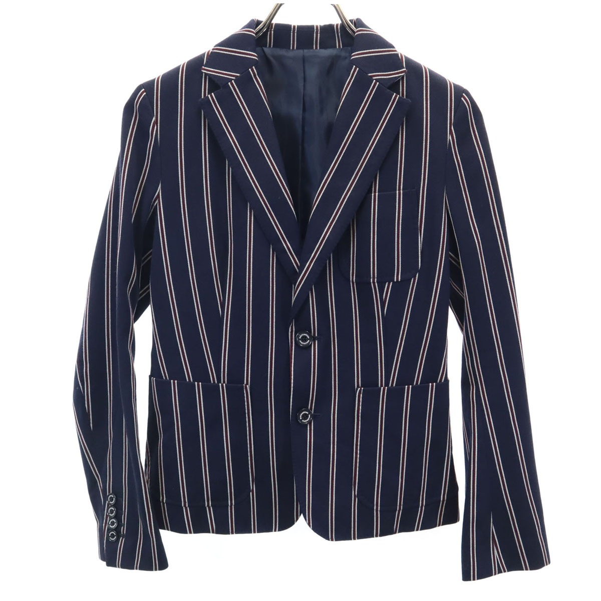 日本製 ストライプ柄 テーラードジャケット 38 ネイビー レディース 古着