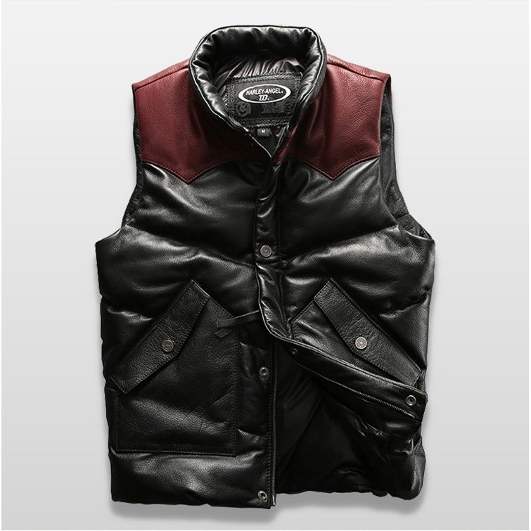 本革ベスト ダウンジャケット バイク用 レザーベスト メンズ 革ジャン 牛革 バイクジャケット バイ
