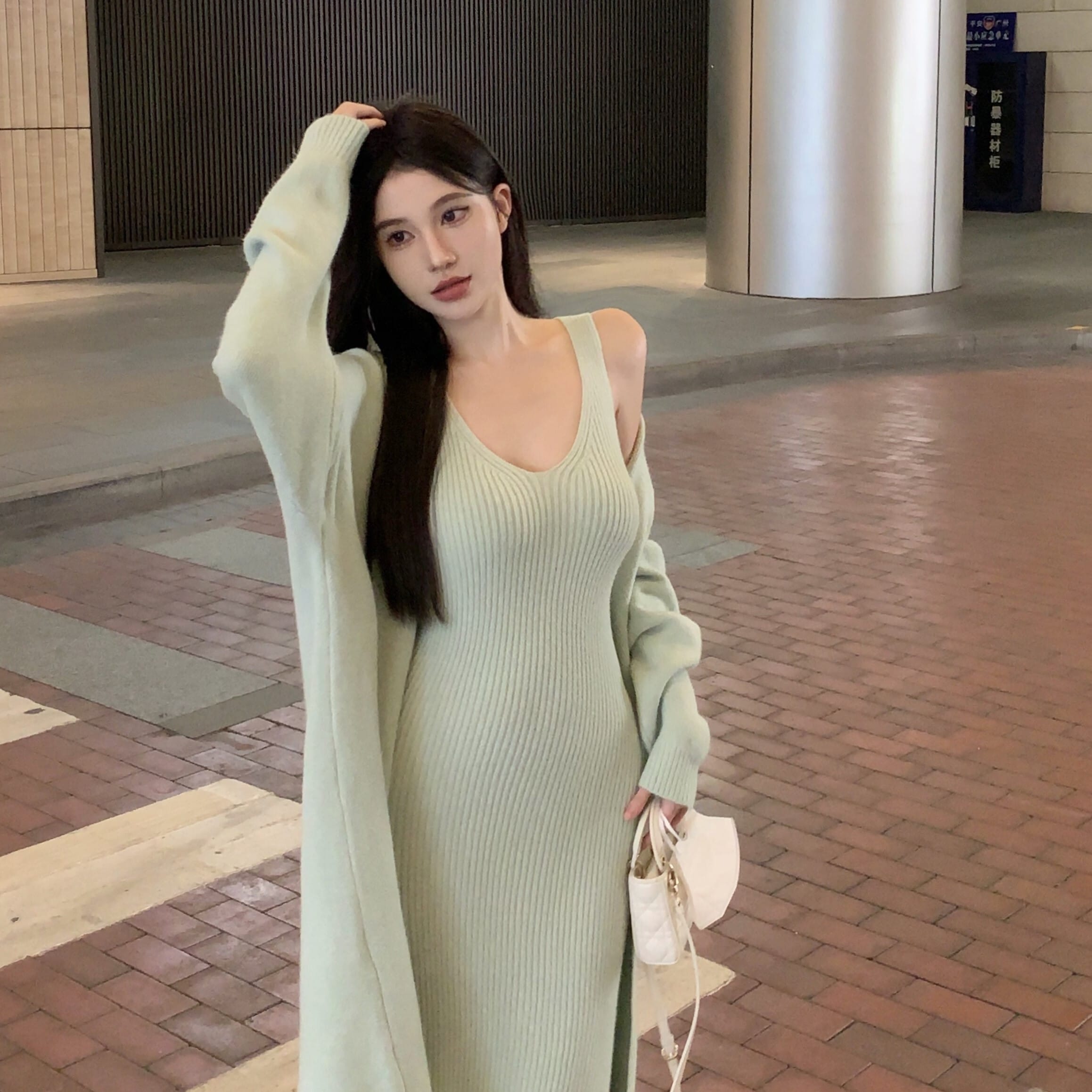 セットアップ カーディガン ロングカーディガン ニットワンピース ミモレ丈 ロング丈 ドロップショルダー 萌袖 Vネック スリム フィット ワイド リブ ニット 2点セット ツーピース かわいい