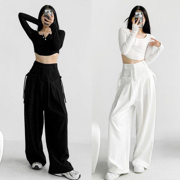 女性カジュアルリボンポケットワイドバンディングパンツSDW-PTA-SSD1001681