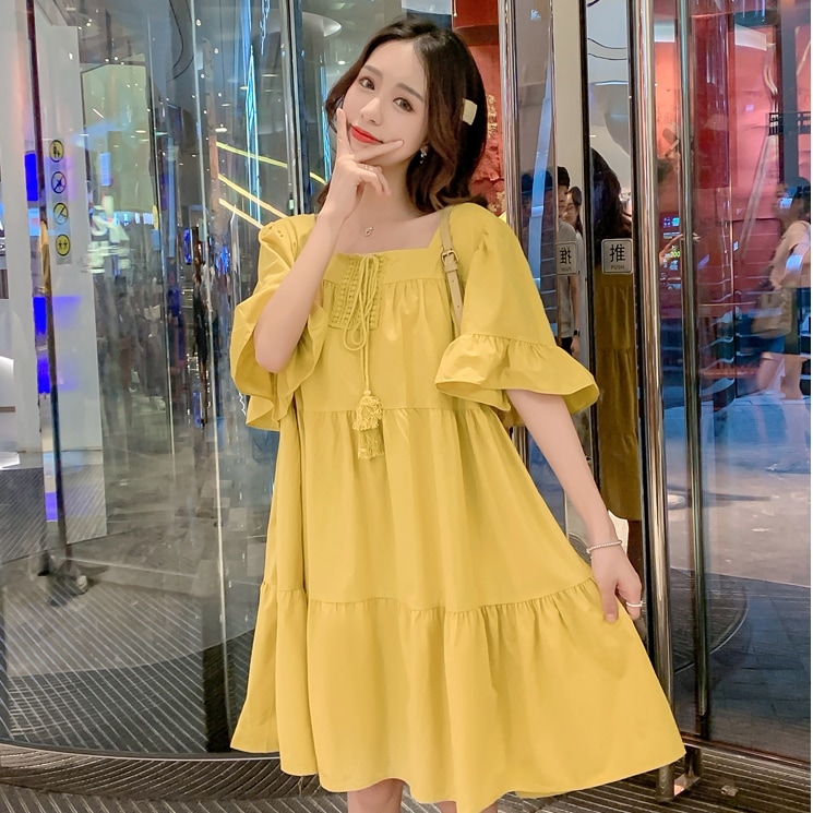 ワンピース フレアワンピース ティアードワンピース 膝丈 ひざ丈 膝上 膝下 袖あり 半袖 ボリューム袖 スクエアネック フレア セミフレア Aライン 大人可愛い おしゃれ お洒落 ラフ