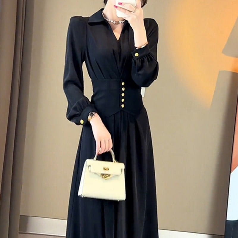 レディース 衣装 ドレス ミディアム丈ドレス ワンピース ミディアム丈ワンピース 演奏会 ステージドレス 結婚式ドレス ミディアム丈 長袖 Vネック 襟付き ウエストマーク かわいい 大人可愛い