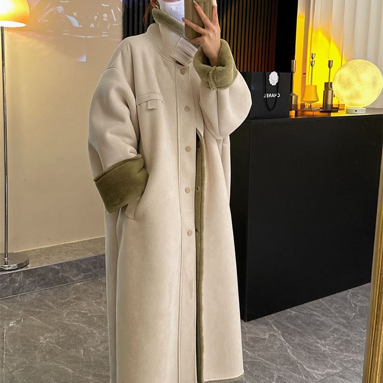 冬新作ゆったり厚手ロングバイクスーツラムファーワンパーエコジャケットコートレディースファッション