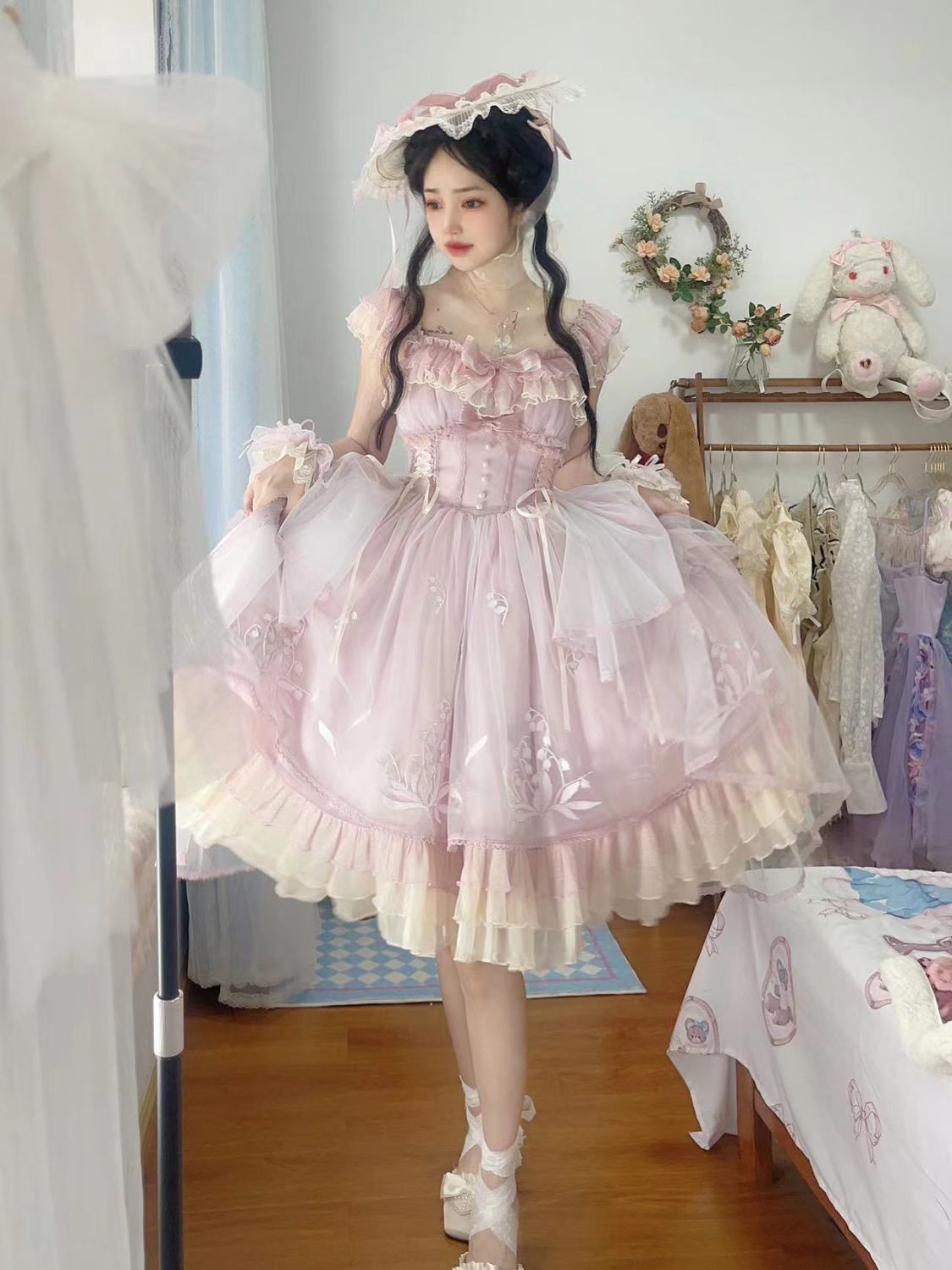 ロリータスカート ロリータ 恋がやってくる スズラン刺繍 スイートサスペンダースカート 上品で華やかなドレス