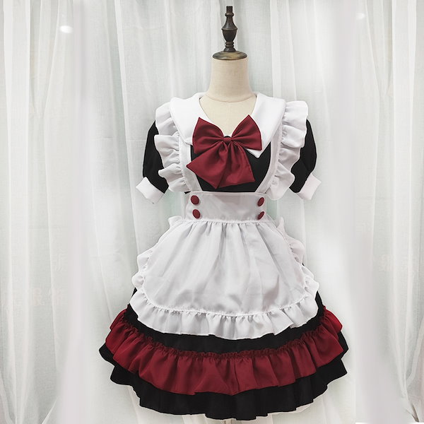 Qoo10] メイド服 ワンピース 黒赤 レディース