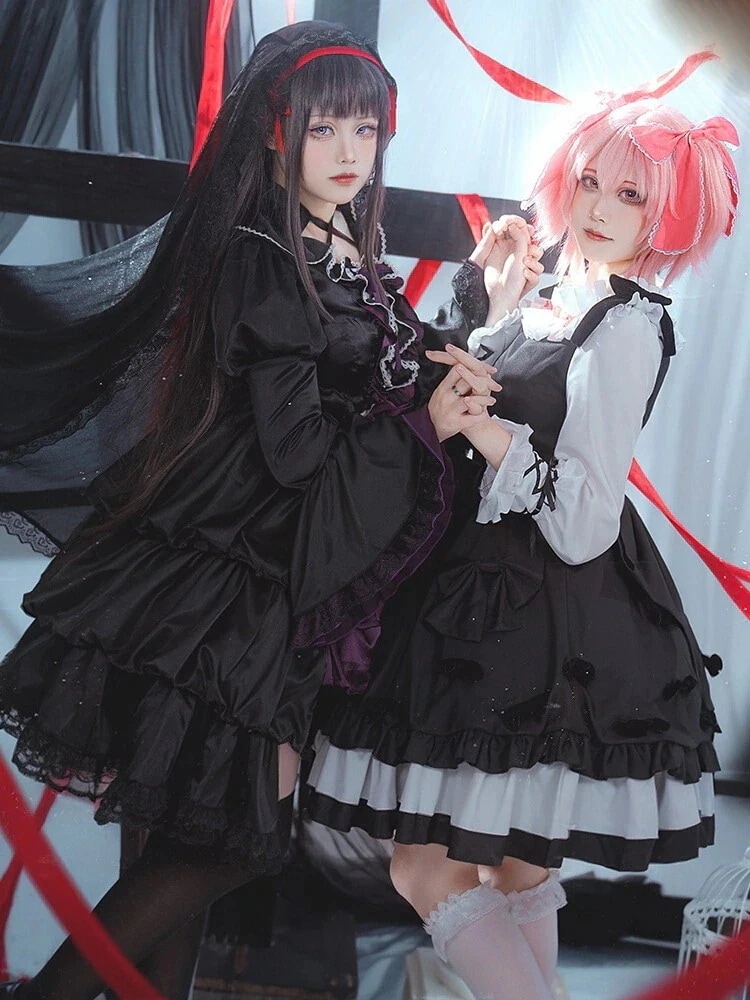 ゴスロリ ワンピース鹿目 まどか　暁美 ほむら　長袖 森ガール コスプレ ロリータ　かわいい　まどマギ　コスプレ アニメ ゴシック ロリィタ　まどか　女装 服　メイド　ハ