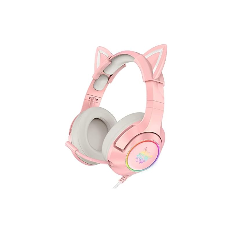 GAMQUE ゲーミングヘッドセット 取り外し可能な猫耳付きのヘッドホン PS4Xbox One（アダプターが付属していません）PCに適用 サラウンドサウンド付き RGB LEDライト&ノイズキャ